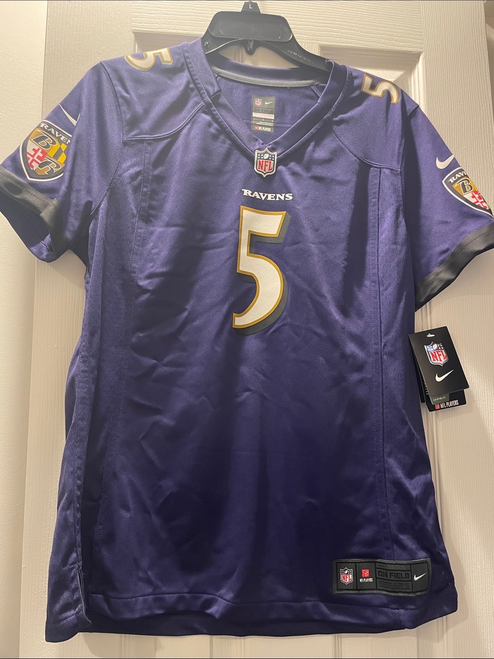 Nike Baltimore Ravens Joe Flacco #5 Purple and Gold Women’s Jersey